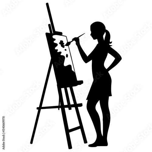 Silhouette of a woman painting on a canvas easel
