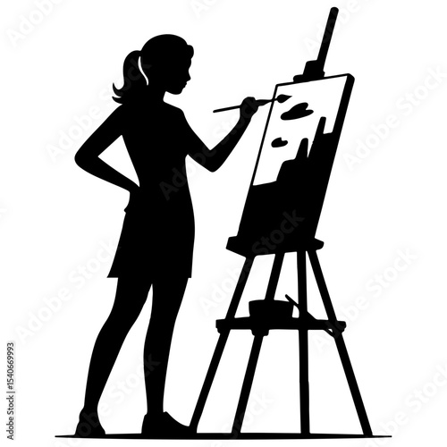 Silhouette of a woman painting on a canvas easel