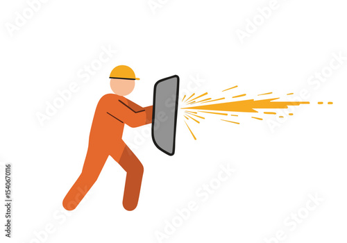 A construction worker defends against a blast of energy with a shield. Dynamic action shot, vibrant colors, impactful visual. Suitable for safety, protection, and resilience themes.