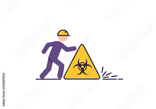 A construction worker cautiously avoids a biohazard warning sign. Clear, bright illustration with a safety focus. Suitable for health, safety, and warning graphics.
