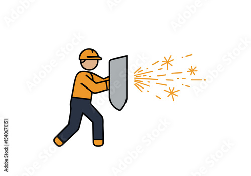 A construction worker defends against flying sparks with a shield. Dynamic action, protective imagery. Modern, graphic style.