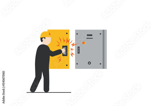 A construction worker forcefully switches a circuit breaker, triggering a bright electrical arc. Illustrative graphic style.
