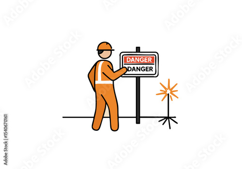 A construction worker installs a danger sign, highlighting safety precautions. Bold orange and black design. Clear, graphic illustration.