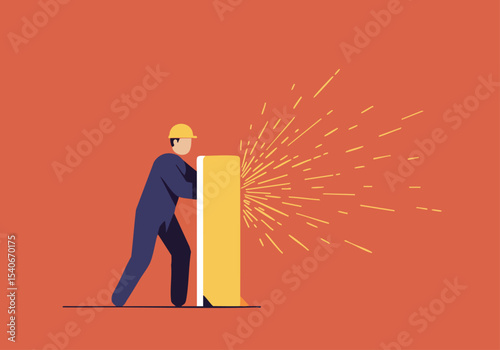 A construction worker forcefully pushes through a barrier, creating sparks. Dynamic action shot, conveying strength and determination. Modern illustration style.