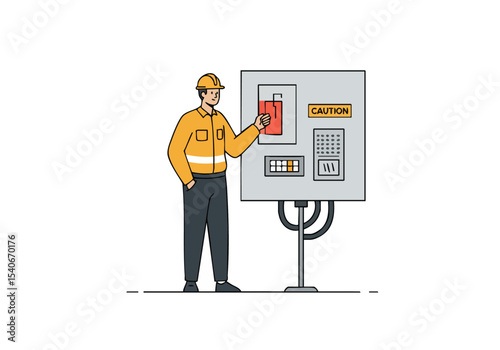 A construction worker performs an isolate check on an electrical panel. Clear, bright illustration. Safety focused, professional, and visually appealing.