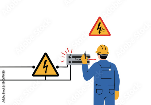 A construction worker performs a hazard check on electrical equipment. Warning signs highlight the danger. Professional, safety-focused illustration.