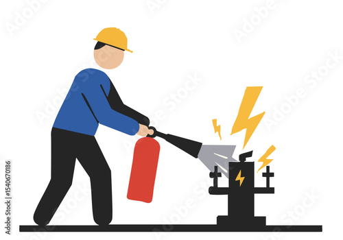 A construction worker uses a fire extinguisher to extinguish a lightning bolt. Illustrative graphic, clean design, safety concept.