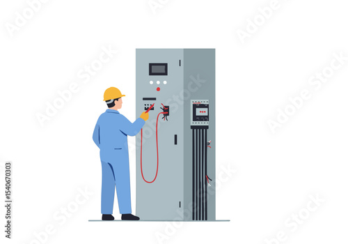 Electrician performs a panel check, inspecting electrical equipment. Professional setting, clear focus, detailed illustration. Suitable for technical or industrial themes.