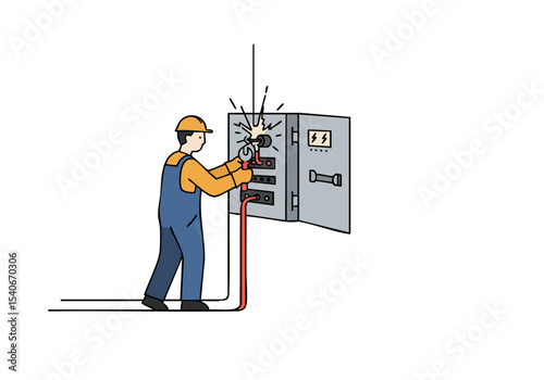 Electrician repairs electrical panel with a tool. Dynamic action shot, modern illustration style. Focus on tool and electrical work. Clean, professional design.