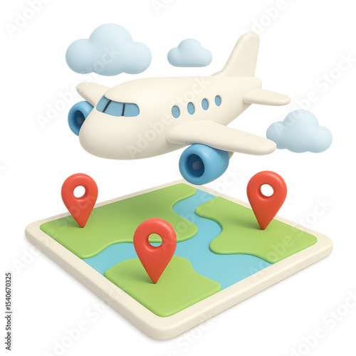Airplane above map: A cute 3D rendering of an airplane flying above a map with location pins, symbolizing travel and journey.
