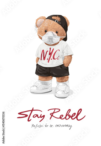 bear doll in street fashion and face mask vector illustration hand drawn - not auto trace