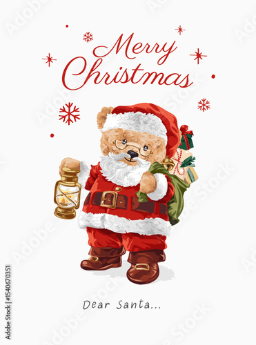 Merry Christmas slogan with cute bear doll in Santa Claus costume vector illustration  hand drawn - not auto trace