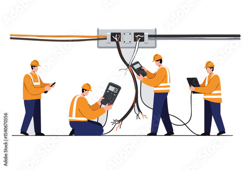 Electricians assess complex wiring with equipment and tablets. A team works collaboratively, highlighting safety and technical expertise. Modern illustration.