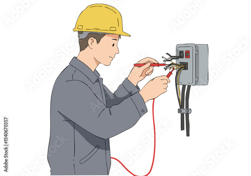 An electrician uses a multimeter to test electrical wiring at a junction box. Professional, detailed, and safe electrical work. Clear composition, focused on the task.