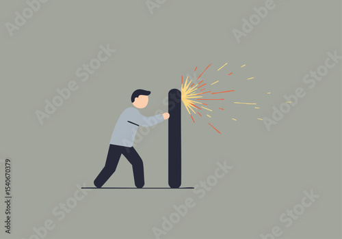 A man forcefully breaks through a barrier, creating a burst of sparks. Illustrative graphic representing overcoming obstacles. Modern, bold style.