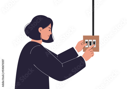 A professional woman adjusts a breaker, symbolizing control and power. Clean, modern illustration style. Focus on the action and the switch.