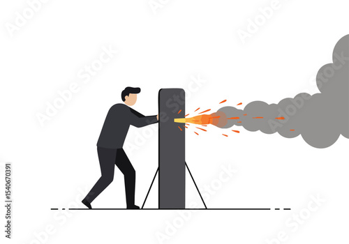 A man forcefully breaks through a barrier, creating an explosion. Dynamic action shot with a strong visual impact. Suitable for business and innovation themes.