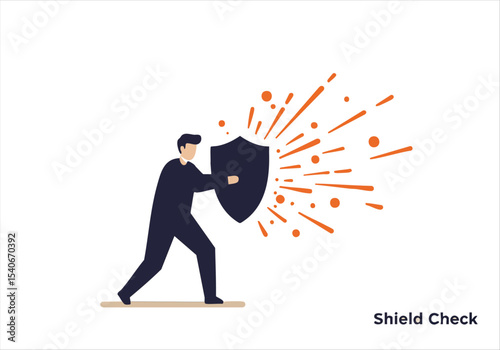 A professional man defends against digital attacks with a shield, symbolizing protection and security. Dynamic sparks illustrate a robust defense strategy. Modern, graphic style.