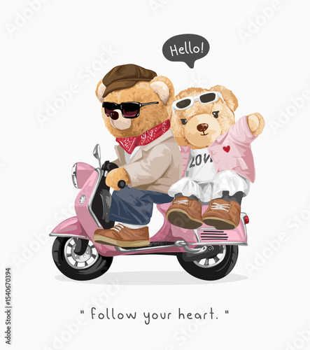 cute bear doll couple riding pink scooter vector illustration  hand drawn - not auto trace