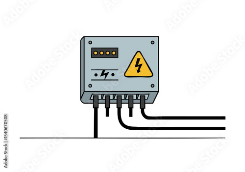 A stylized illustration depicts an electrical panel with warning signs. Cables connect to the panel, showcasing a clear, informative design. Suitable for technical or safety-related visuals.