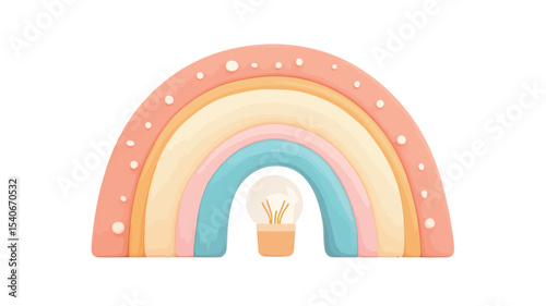 A digital illustration of a stylized rainbow in pastel colors.  The rainbow is depicted in a slightly three-dimensional manner, with curved bands of peach, yellow, light orange, pale blue, 