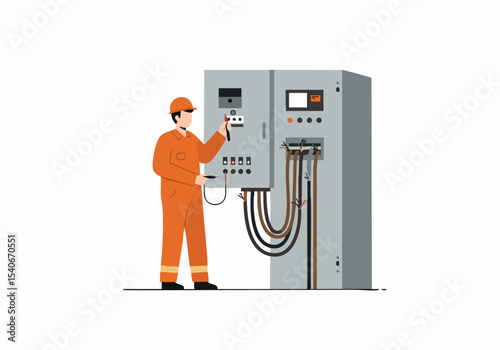 A technician inspects an electrical panel, ensuring safety and functionality. Clear, professional illustration for technical or industrial themes.
