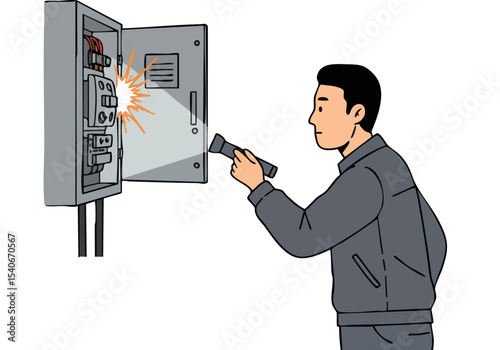 A technician performs a flash check on an electrical panel, illuminating the circuit breakers. Focused lighting highlights the inspection process. Professional, technical, safety.