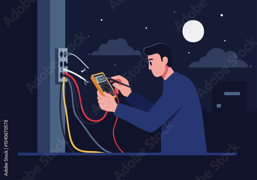 A technician tests electrical wiring at night, illuminated by a moonlit cityscape. Detailed illustration showcases a professional working with a multimeter. Night scene, technical, modern.