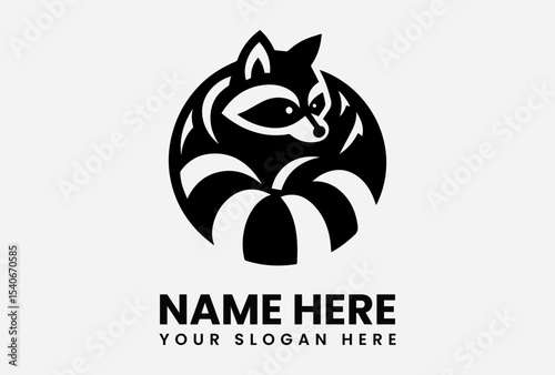 Stylized raccoon head logo design, encircled, monochrome, simple, elegant.
