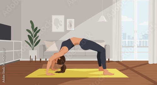 Flat vector athlete practicing pilates bridge pose on mat