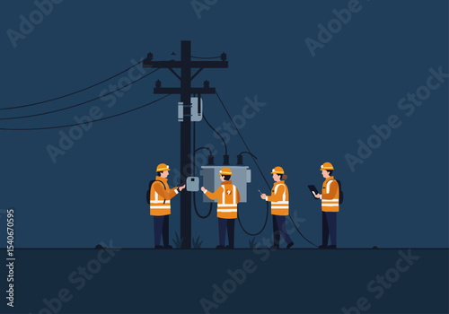 Utility workers conduct team night maintenance, inspecting equipment and using tablets. A modern, dark setting highlights their focused work. Professional, collaborative, and illuminated.
