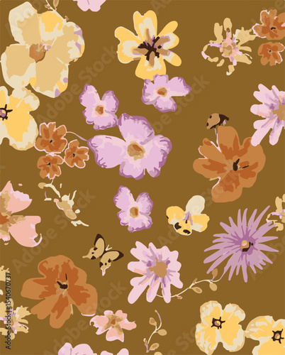 Big flowers pattern, upscale floral pattern. graphical textures floral, trendy colors pattern , flowers background with leaves. vector illustration.