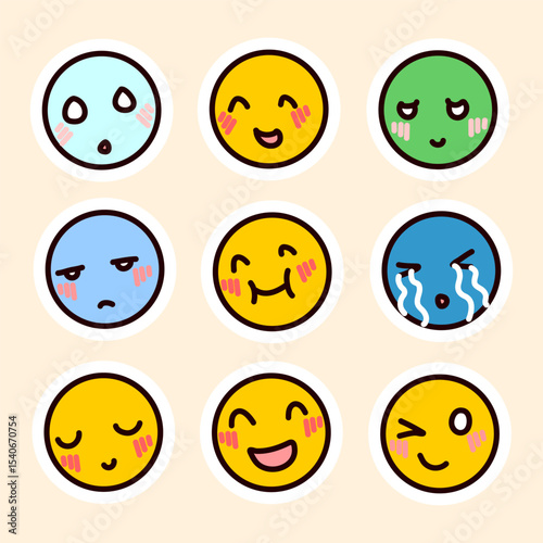 Set of cute colorful emoji faces with various emotions. Hand drawn style smileys with blush cheeks on pastel background. Perfect for stickers, chat, kids designs and digital messages