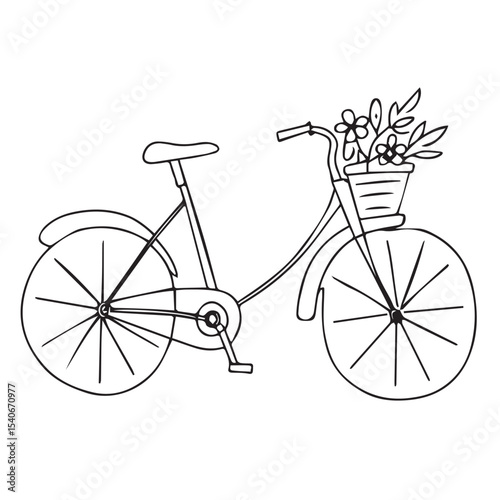 Black and white illustration of a bicycle with flowers in basket