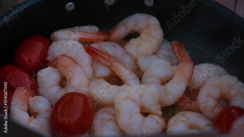 Shrimps stewed in a tourist frying pan with tomatoes, close-up