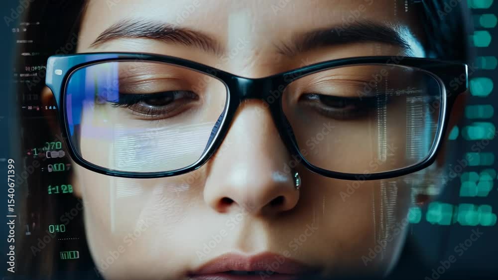Close-up of a female Asian programmer's eyes in front of computer ...