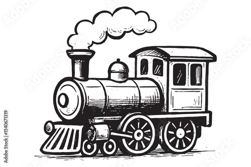 classic black and white steam engine with smoke and detailed wheels