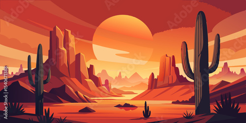 Desert Sunset with Cacti – Vector Illustration