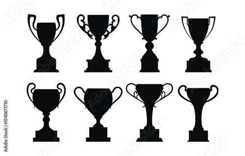Classic Black Trophy Silhouette Icon Set for Sports Awards and Event Decorations