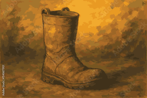 old leather work boot with worn edges on an orange textured background