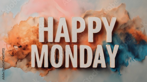 Happy Monday Text on Artistic Watercolor Background in Soft Neutral Colors