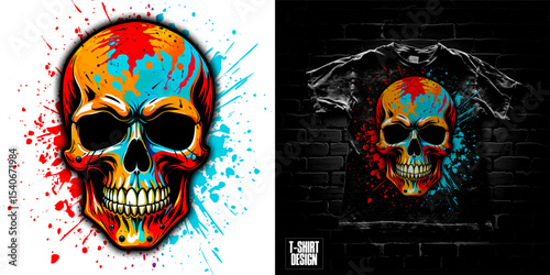 Colorful skull pop art style with red, blue, and orange paint splashes on white background, vector design ideal for t-shirts, posters, and urban art.