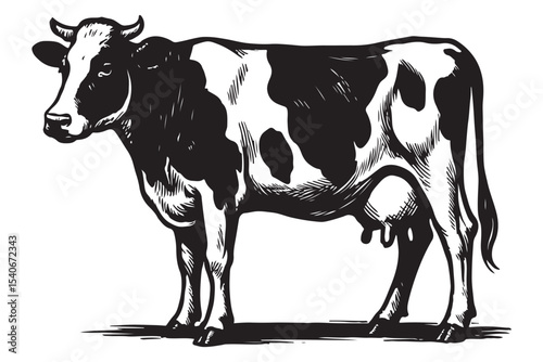 black and white illustration of a standing cow with distinctive black spots