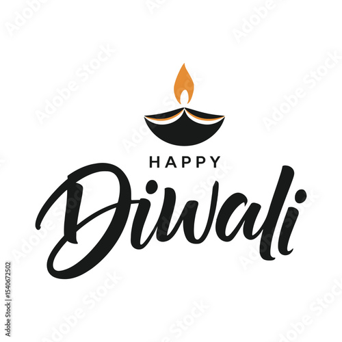 Happy Diwali Calligraphy with Minimalist Diya Flame Design