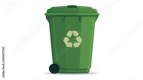 A digital illustration of a large, green wheelie bin with a prominent recycling symbol (a green Mobius loop with three arrows) displayed on its side.  The bin is depicted against a plain white