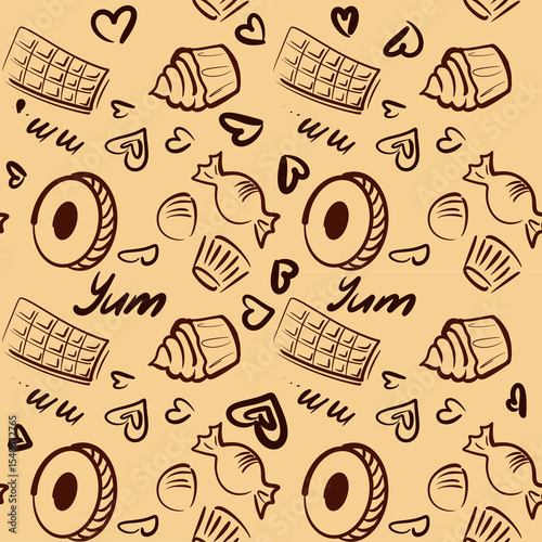 seamless pattern with sweets chocolate cake cupcake bonbons brown printable