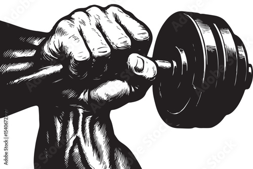black and white illustration of a hand lifting a dumbbell showing muscular arm
