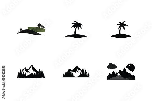 A collection of vector silhouettes depicting beach and travel elements like palm trees, sun, sea, and tropical islands, perfect for summer vacation illustrations