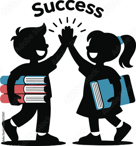 Boy and girl high-fiving with books in hand vector illustration