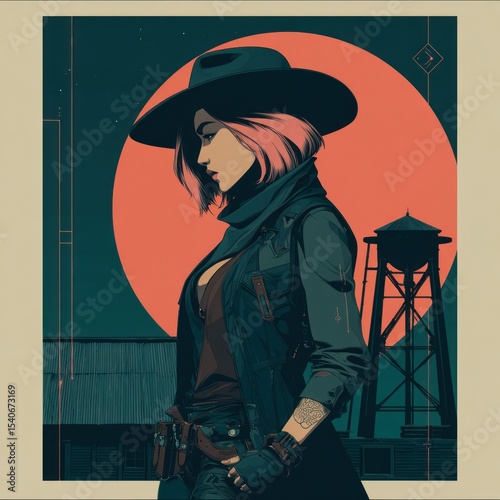 Female cowboy, profiled,  rustic setting